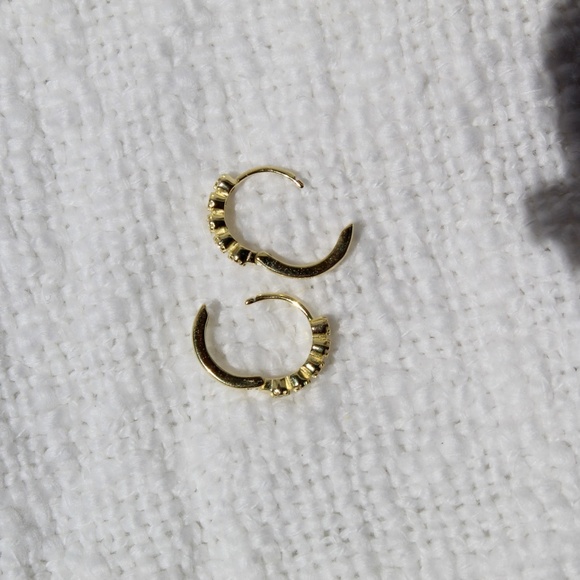 Sterling Silver Gold Huggie Hoops with Row of Isolated Simulated Diamonds - Picture 10 of 12